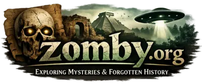 The official logo for zomby.org, featuring the tagline 'Exploring Mysteries & Forgotten History'. The logo integrates illustrations of a skull with glowing eyes, ancient ruins, a stepped pyramid, and a flying saucer over a forest."