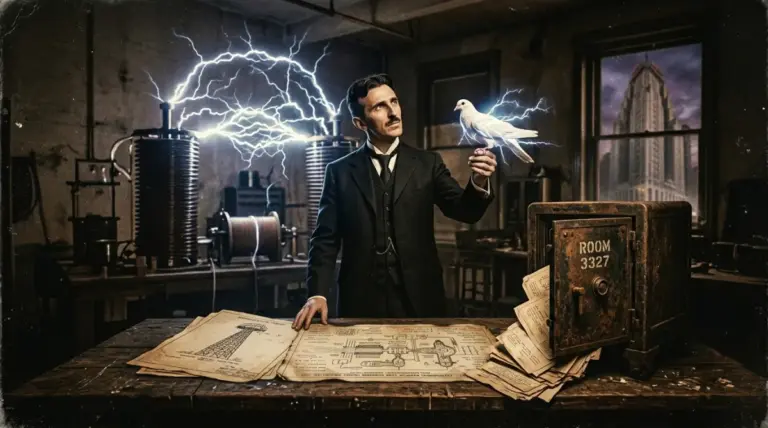 Nikola Tesla: The Declassified Archive Cover, merging origins, lightning, and final secrets.